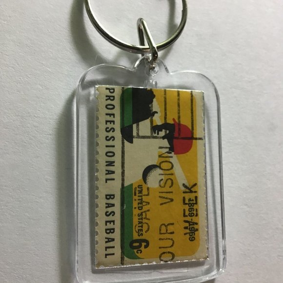 Professional Baseball Keychain - Upcycled Recycled Postage Stamp Key Chain - Picture 3 of 9